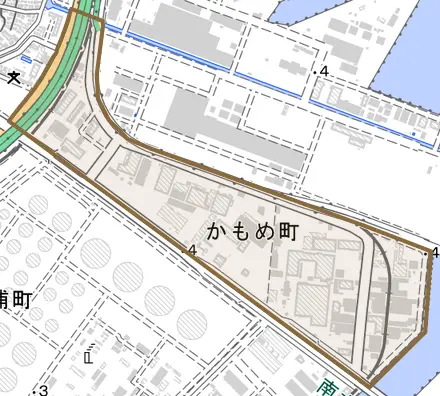 かもめ町とその周辺の地図。町の範囲を重ねている