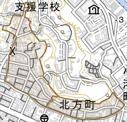 北方町とその周辺の地図。町の範囲を重ねている