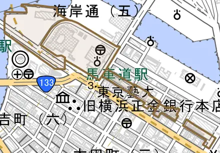 北仲通とその周辺の地図。町の範囲を重ねている