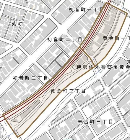 黄金町とその周辺の地図。町の範囲を重ねている