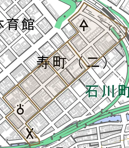 寿町とその周辺の地図。町の範囲を重ねている