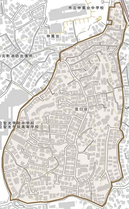 豆口台とその周辺の地図。町の範囲を重ねている