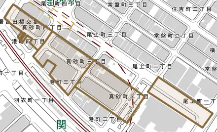 真砂町とその周辺の地図。町の範囲を重ねている
