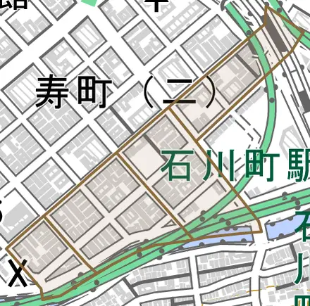 松影町とその周辺の地図。町の範囲を重ねている