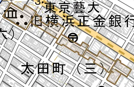 南仲通とその周辺の地図。町の範囲を重ねている