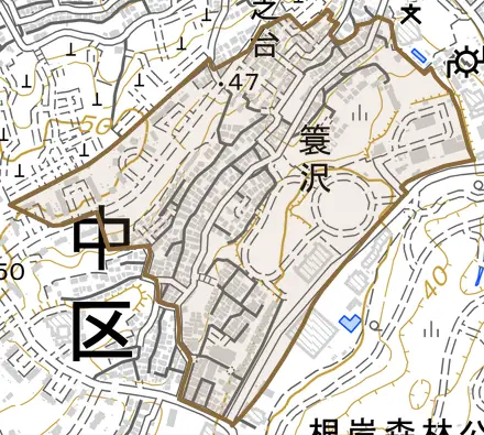 簑沢とその周辺の地図。町の範囲を重ねている