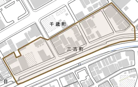 三吉町とその周辺の地図。町の範囲を重ねている