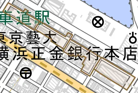 元浜町とその周辺の地図。町の範囲を重ねている