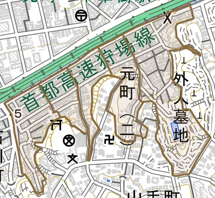 元町とその周辺の地図。町の範囲を重ねている