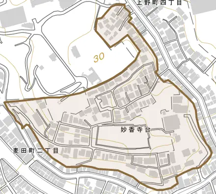 妙香寺台とその周辺の地図。町の範囲を重ねている