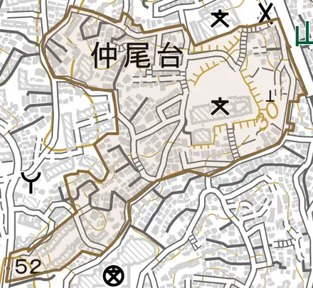 仲尾台とその周辺の地図。町の範囲を重ねている