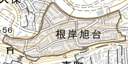 根岸旭台とその周辺の地図。町の範囲を重ねている