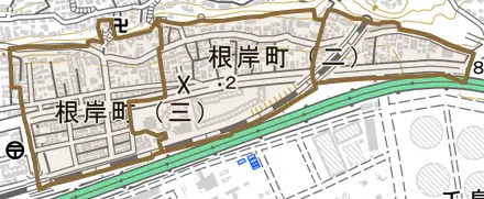 根岸町とその周辺の地図。町の範囲を重ねている