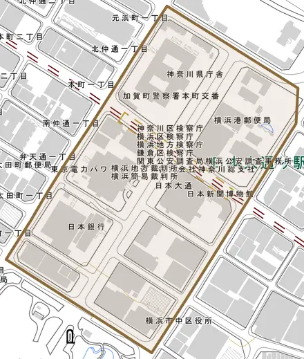 日本大通とその周辺の地図。町の範囲を重ねている