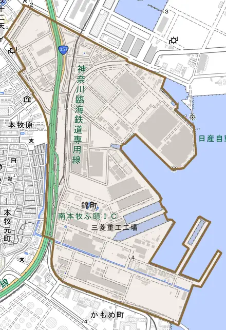 錦町とその周辺の地図。町の範囲を重ねている
