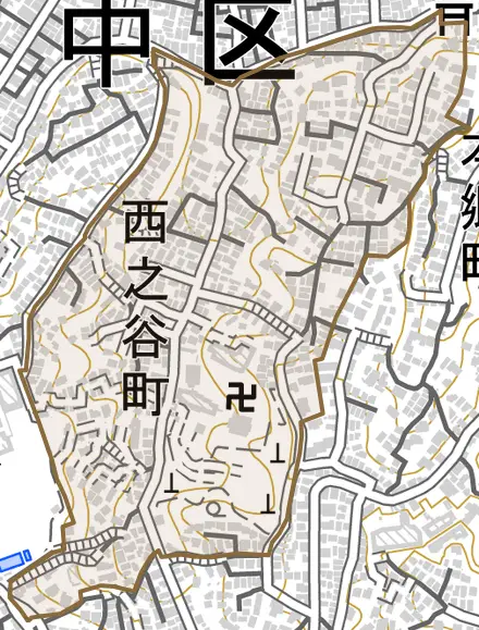西之谷町とその周辺の地図。町の範囲を重ねている