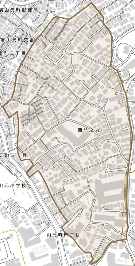 西竹之丸とその周辺の地図。町の範囲を重ねている