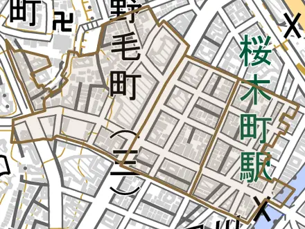 野毛町とその周辺の地図。町の範囲を重ねている