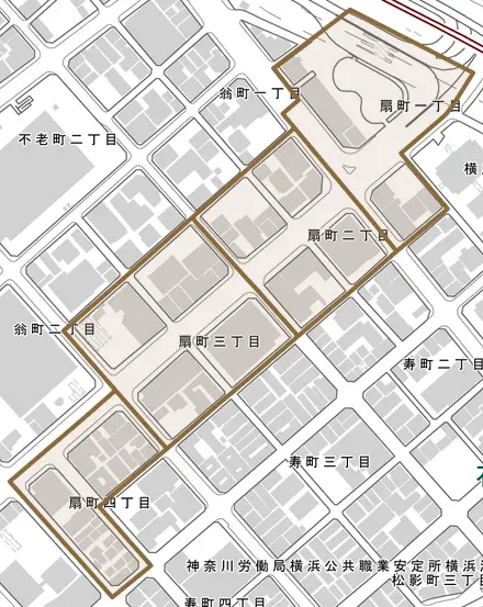扇町とその周辺の地図。町の範囲を重ねている