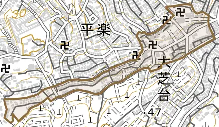 大平町とその周辺の地図。町の範囲を重ねている
