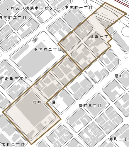 翁町とその周辺の地図。町の範囲を重ねている