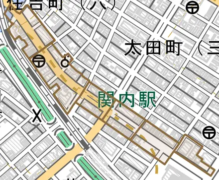 尾上町とその周辺の地図。町の範囲を重ねている