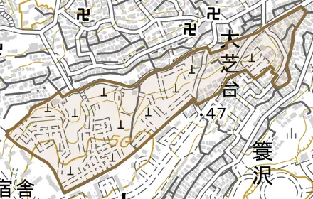 大芝台とその周辺の地図。町の範囲を重ねている