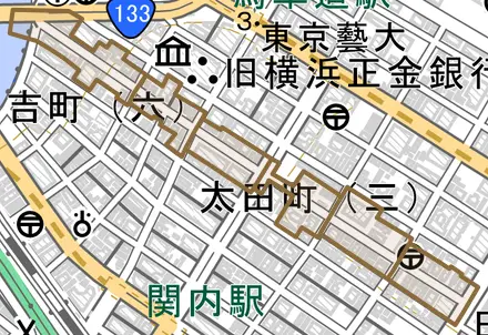 太田町とその周辺の地図。町の範囲を重ねている