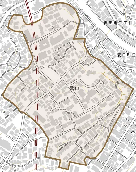 鷺山とその周辺の地図。町の範囲を重ねている