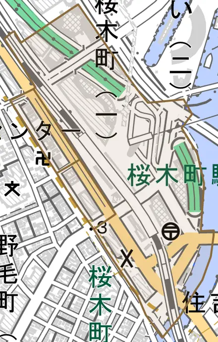 桜木町とその周辺の地図。町の範囲を重ねている