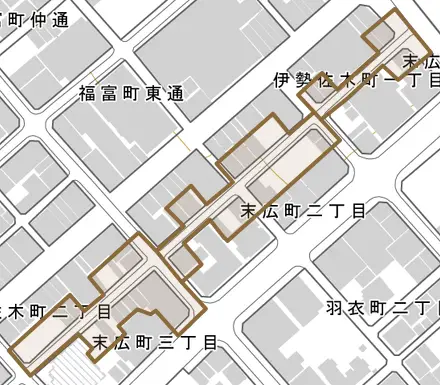 末広町とその周辺の地図。町の範囲を重ねている