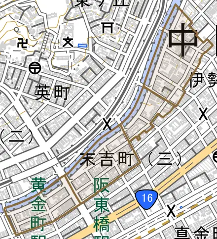 末吉町とその周辺の地図。町の範囲を重ねている