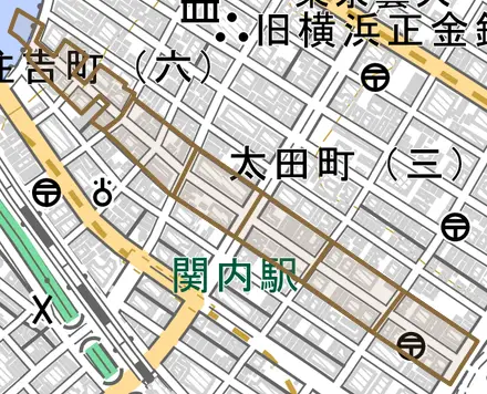 住吉町とその周辺の地図。町の範囲を重ねている