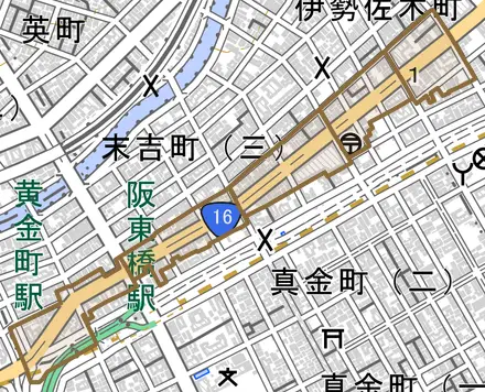 曙町とその周辺の地図。町の範囲を重ねている