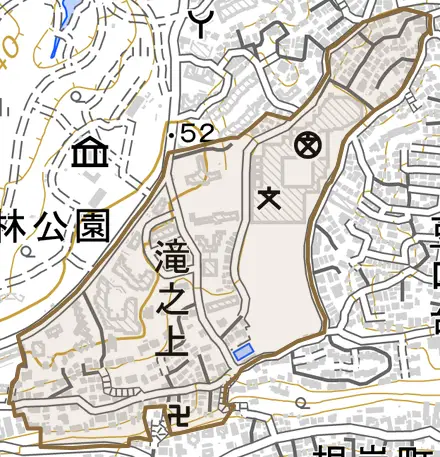 滝之上とその周辺の地図。町の範囲を重ねている