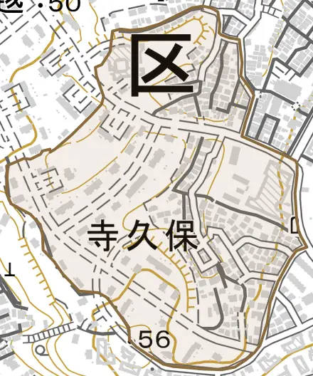 寺久保とその周辺の地図。町の範囲を重ねている