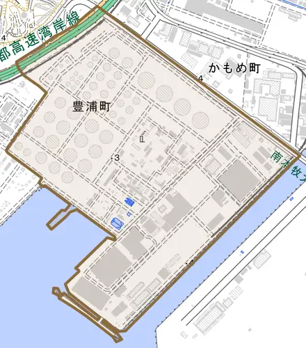 豊浦町とその周辺の地図。町の範囲を重ねている