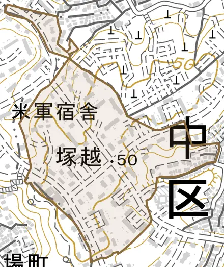 塚越とその周辺の地図。町の範囲を重ねている