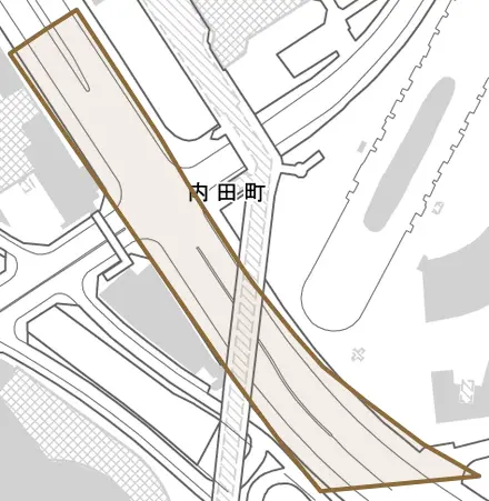 内田町とその周辺の地図。町の範囲を重ねている