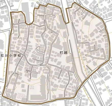 打越とその周辺の地図。町の範囲を重ねている