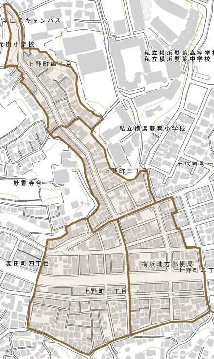 上野町とその周辺の地図。町の範囲を重ねている
