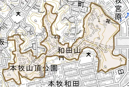 和田山とその周辺の地図。町の範囲を重ねている