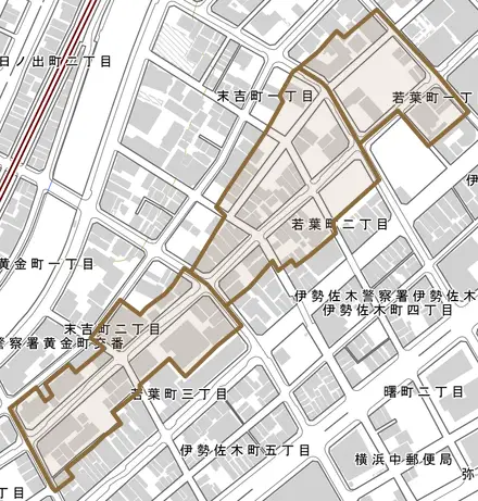 若葉町とその周辺の地図。町の範囲を重ねている
