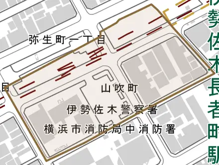 山吹町とその周辺の地図。町の範囲を重ねている