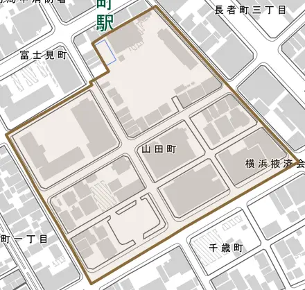山田町とその周辺の地図。町の範囲を重ねている