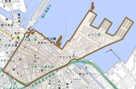 山下町とその周辺の地図。町の範囲を重ねている