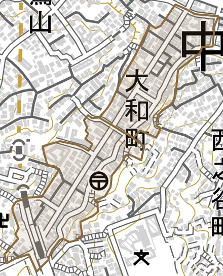 大和町とその周辺の地図。町の範囲を重ねている