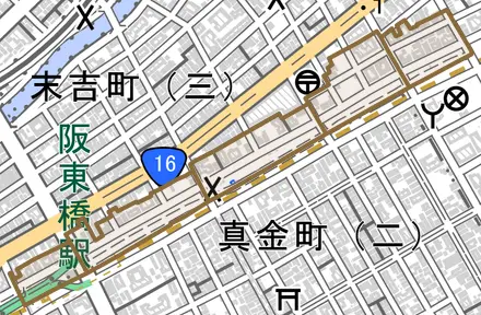 弥生町とその周辺の地図。町の範囲を重ねている
