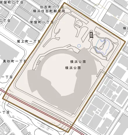 横浜公園とその周辺の地図。町の範囲を重ねている