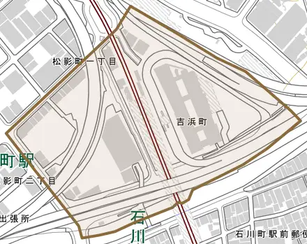 吉浜町とその周辺の地図。町の範囲を重ねている